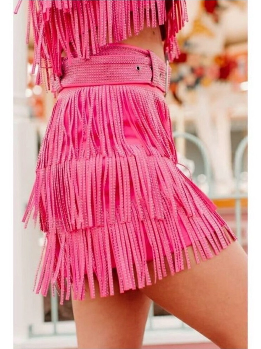 Nylon Apparel Pink rhinestone Fringe Skort Set Cropped Tank + Mini Skirt Small - Picture 8 of 14